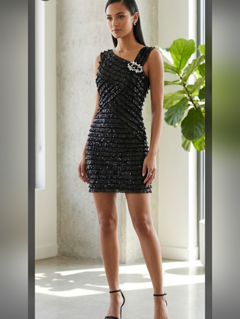 Robbie Bee Black One-Shoulder Beaded Ruffle Dress